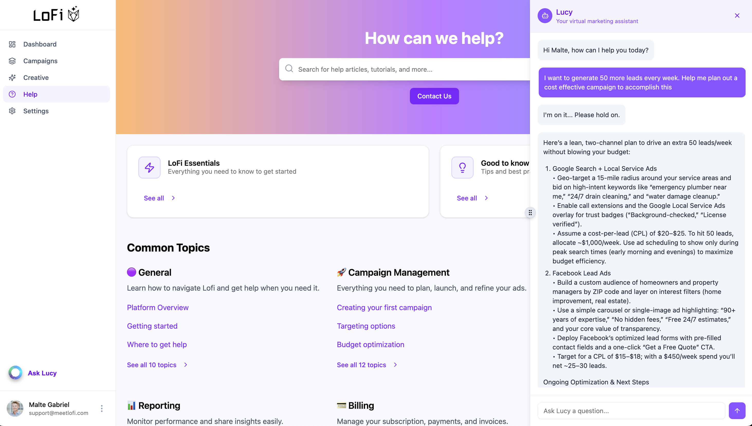 Lofi help center interface showing comprehensive support resources and Lucy AI assistant providing detailed marketing campaign advice and strategy recommendations