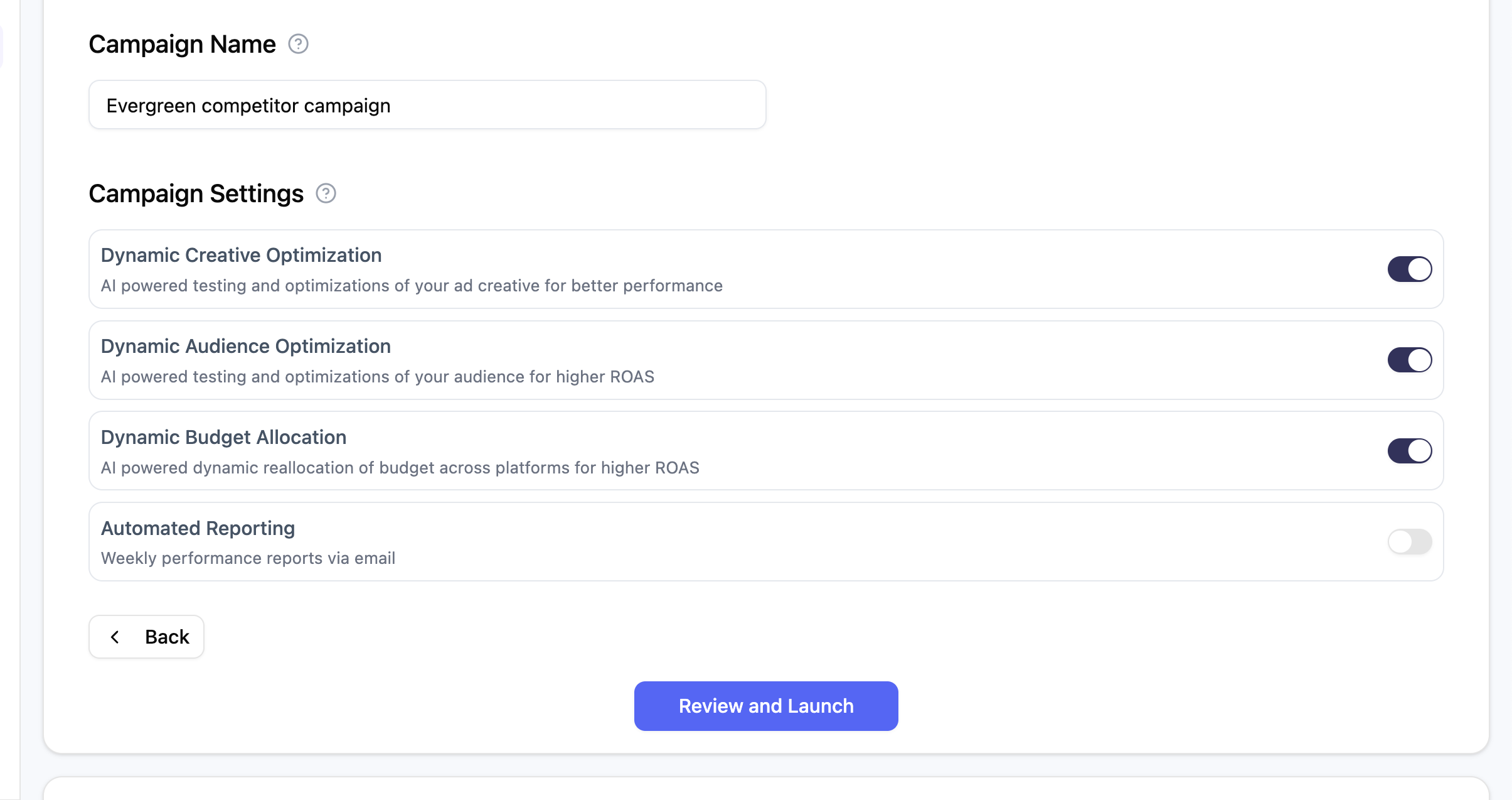 Campaign settings interface showing AI-powered optimization options including Dynamic Creative Optimization, Dynamic Audience Optimization, and Dynamic Budget Allocation