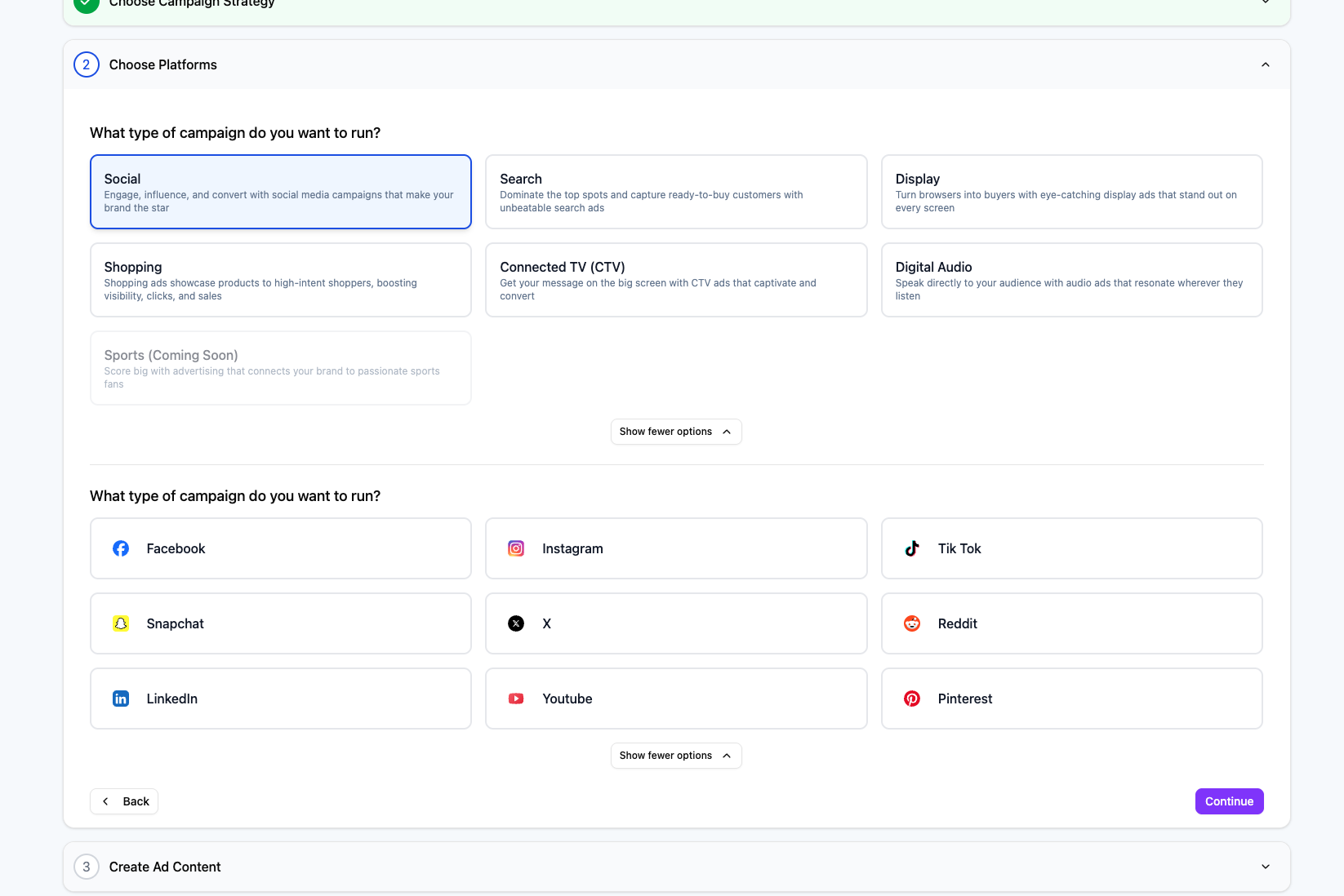 Platform selection interface showing campaign types (Social, Search, Display, Shopping, CTV, Digital Audio) and social media platforms including Facebook, Instagram, TikTok, Snapchat, X, Reddit, LinkedIn, YouTube, and Pinterest