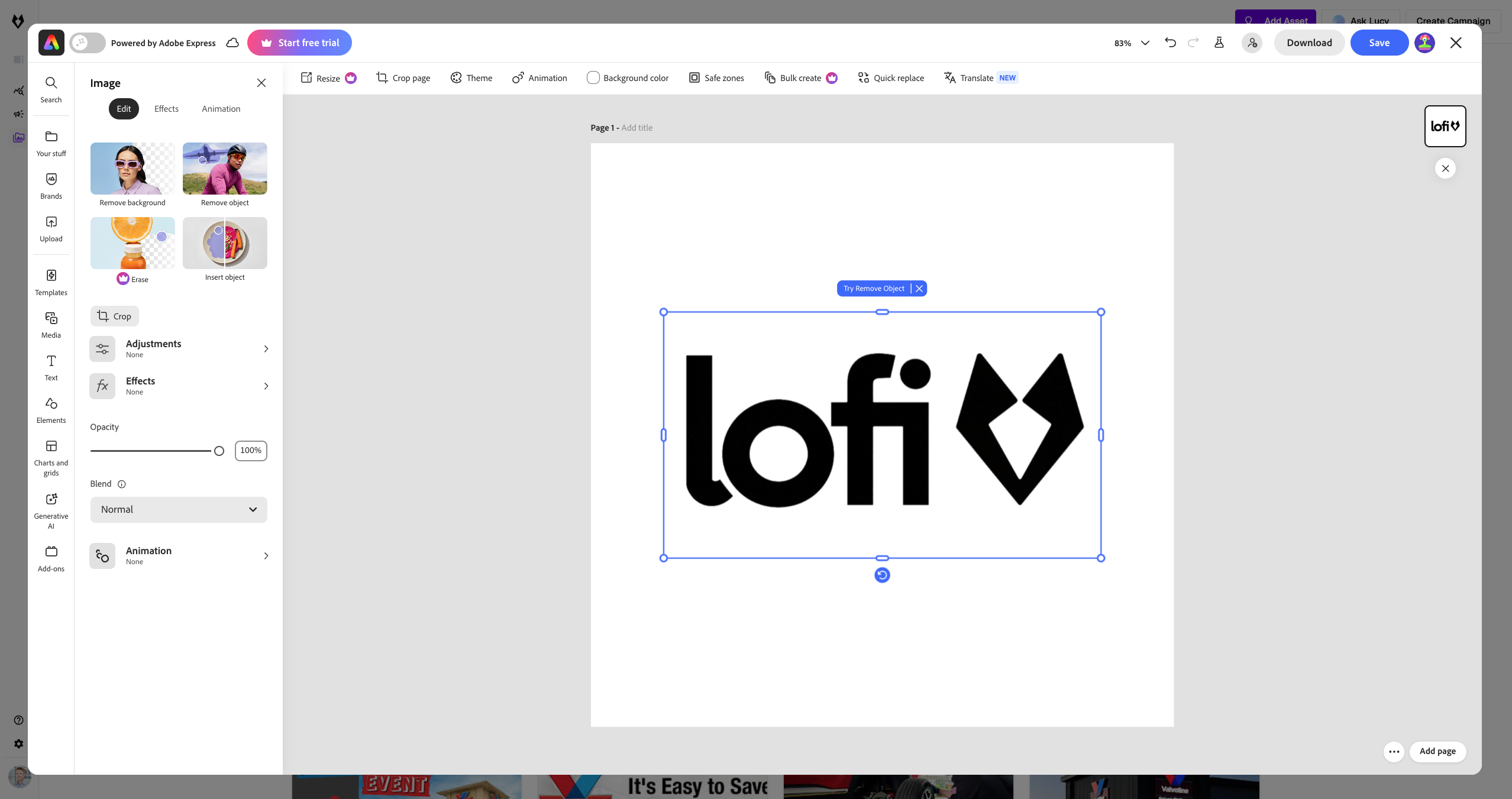 Adobe Express editor integrated within Lofi showing logo design and creative tools