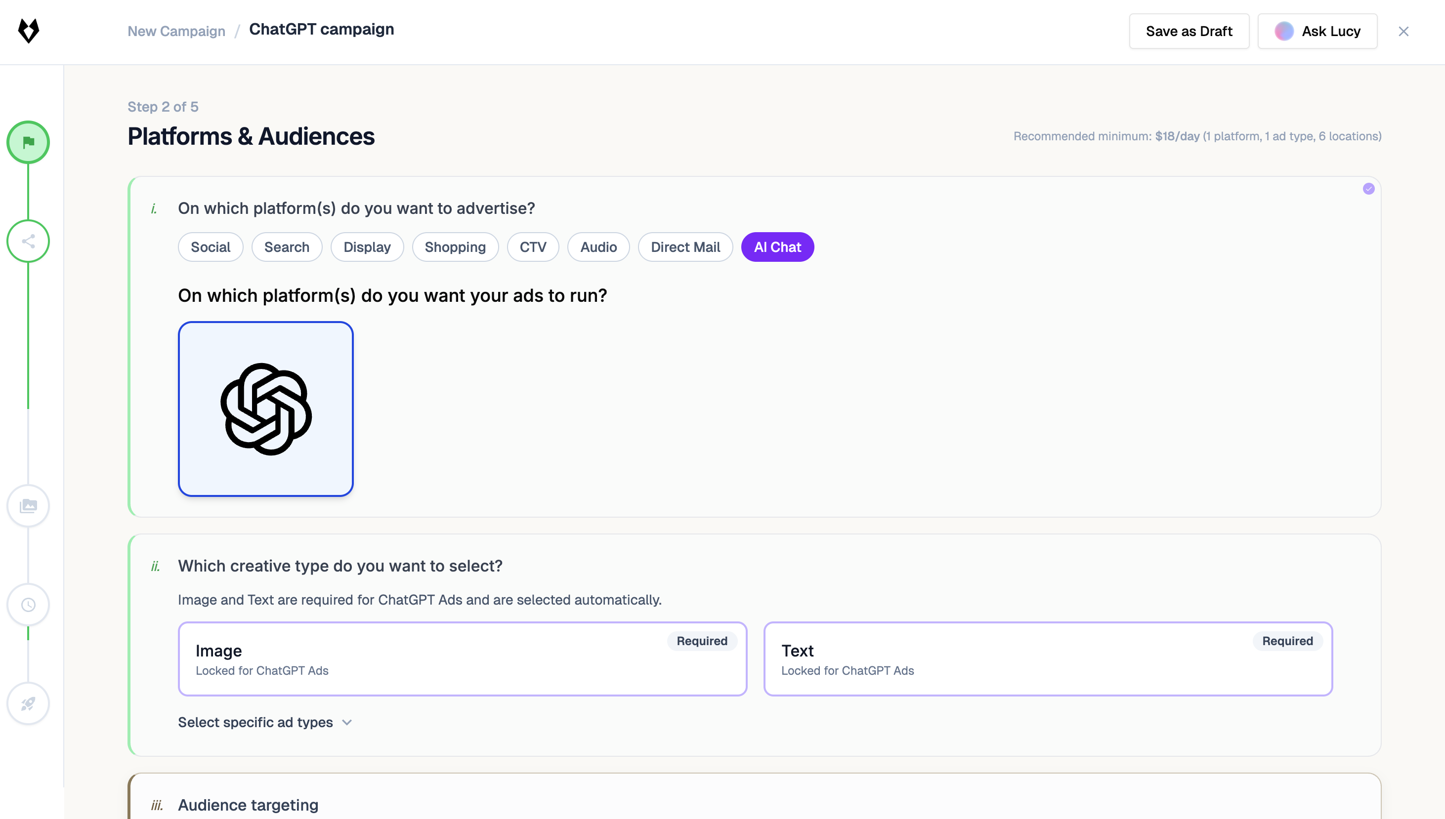 Lofi campaign builder showing the new AI Chat platform option selected with ChatGPT as the ad platform and Image and Text creatives locked as required
