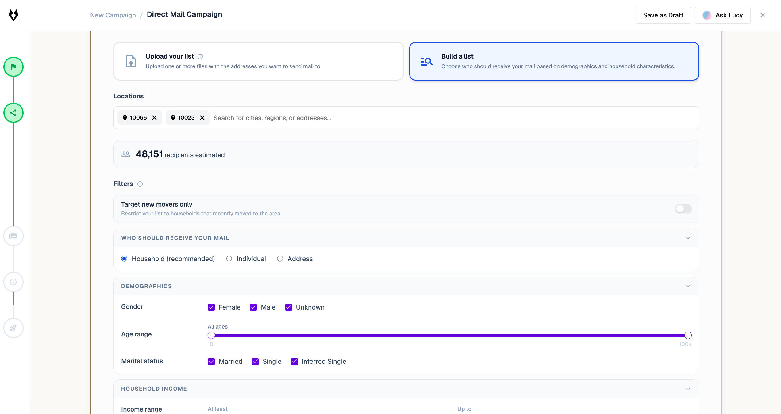 Direct Mail Campaign builder showing audience targeting with demographic filters and recipient estimates