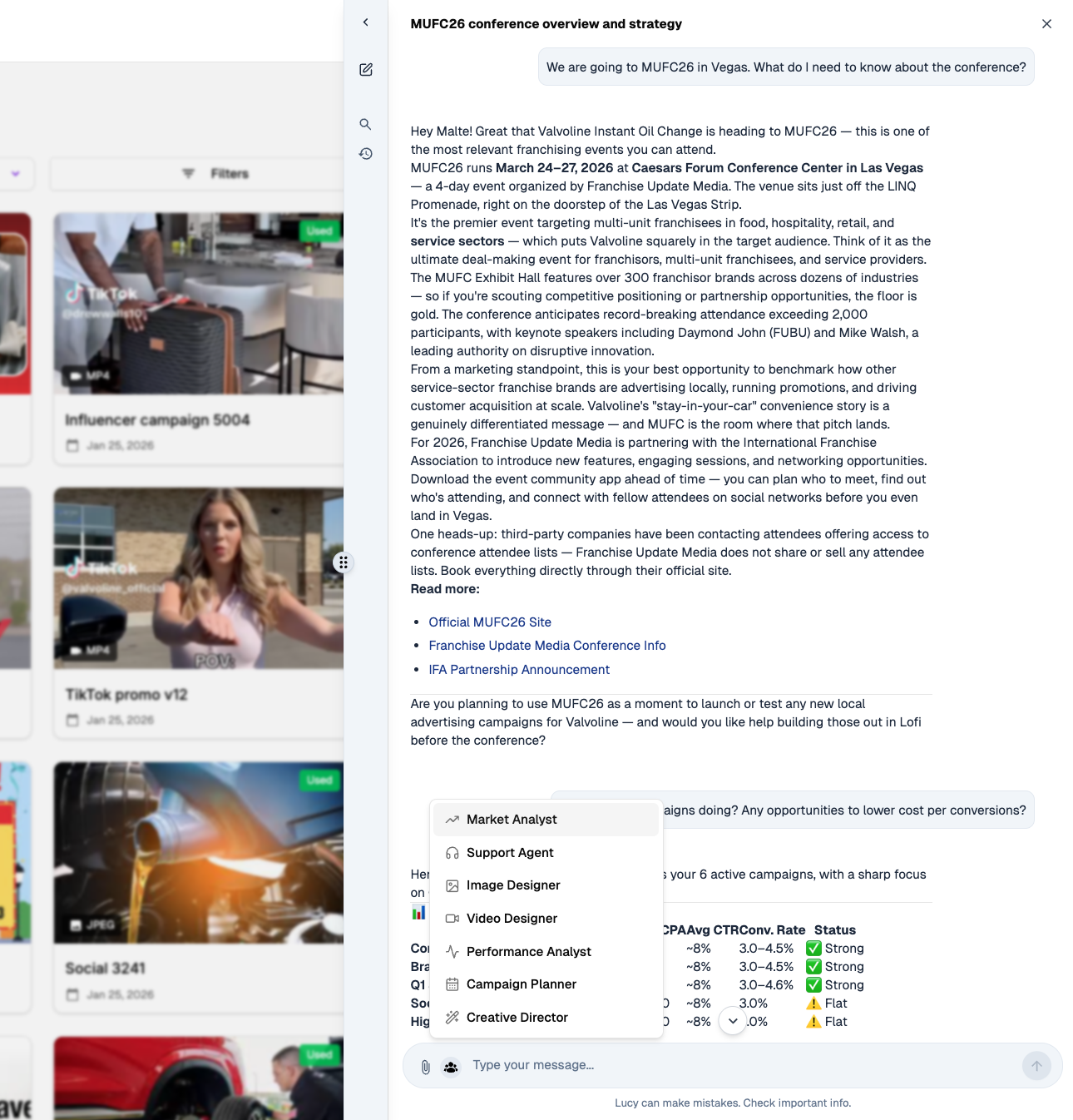 Lucy AI assistant chat interface with multiple specialized persona options