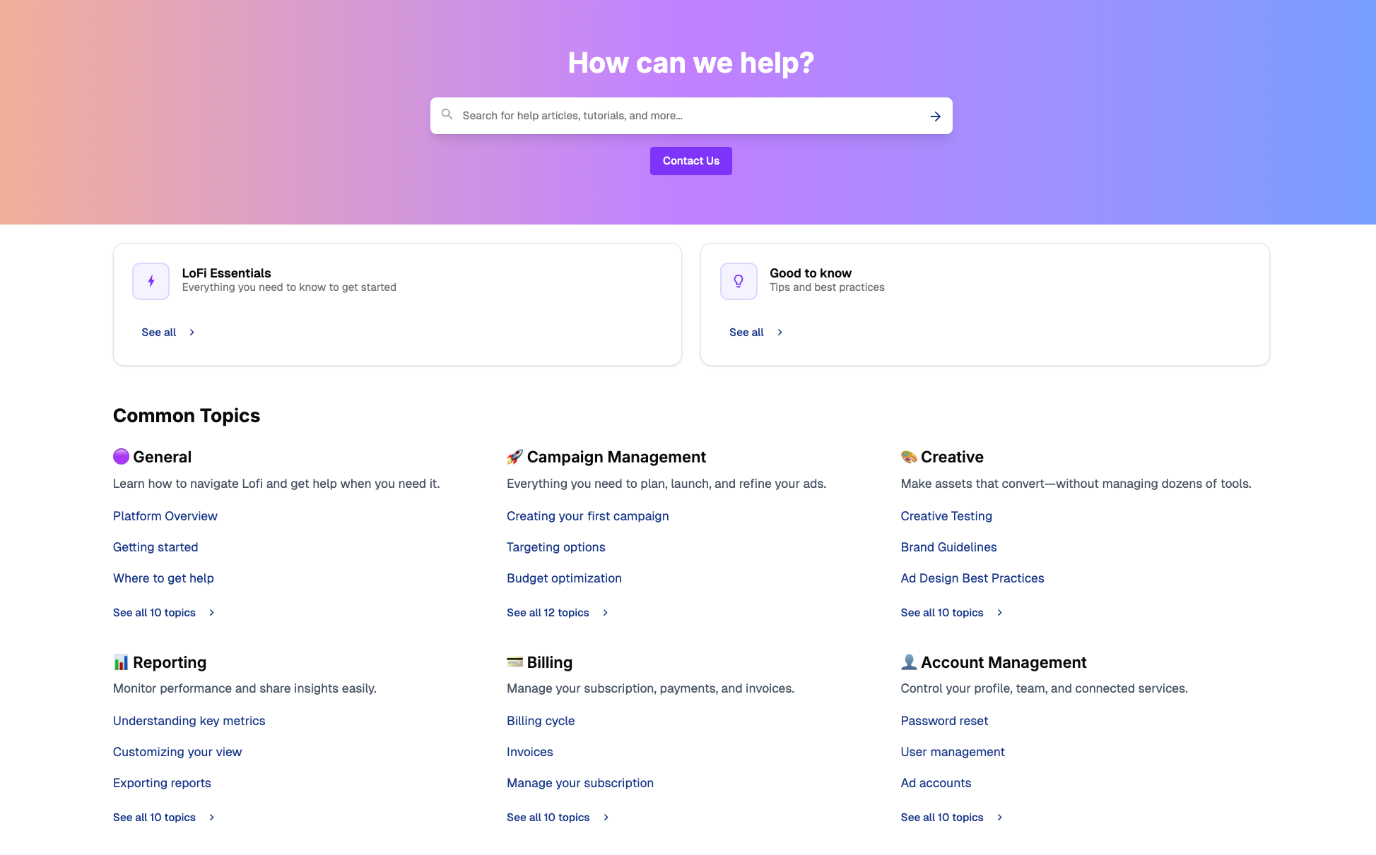 Redesigned Help Center with search bar, curated collections, and Common Topics grid